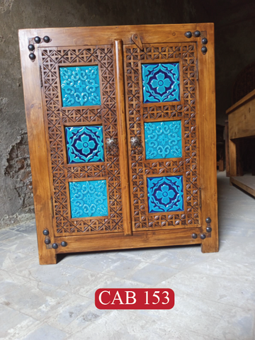 Moroccan Heritage Solid Wood Cabinet with Bold Blue Finish & Handcrafted Artisan Details | 2 Door Storage Cabinet | CAB 153