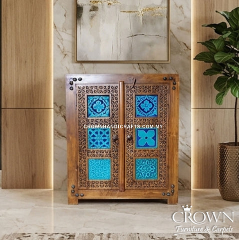 Solid Wood Moroccan Heritage Cabinet with Handcrafted Blue Finish | Artisan 2 Door Accent Storage Cabinet | CAB 154