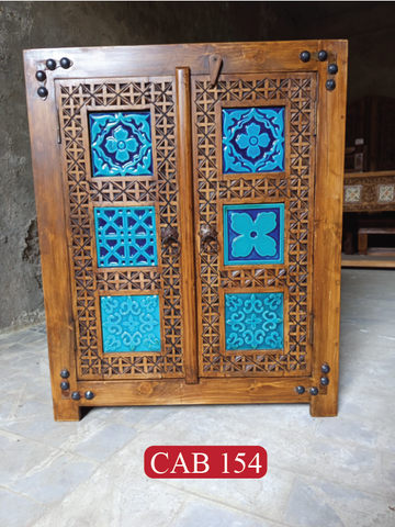 Solid Wood Moroccan Heritage Cabinet with Handcrafted Blue Finish | Artisan 2 Door Accent Storage Cabinet | CAB 154