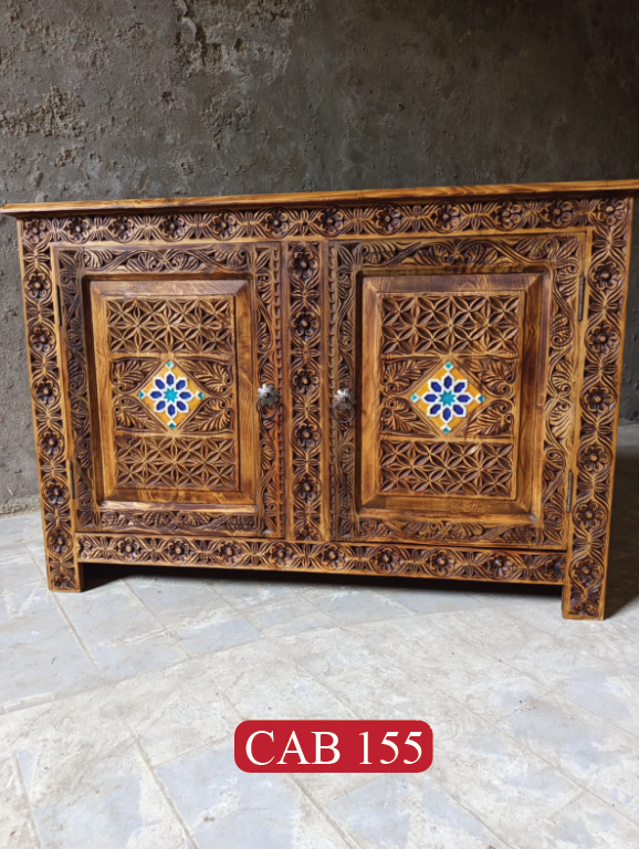 Antique Indian Hand-Carved Cabinet | Solid Wood 2 Door Storage Cabinet with Bohemian Hand-Painted Finish | CAB 155