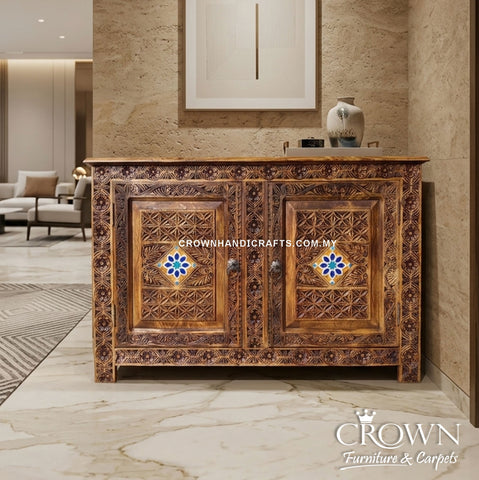 Antique Indian Hand-Carved Cabinet | Solid Wood 2 Door Storage Cabinet with Bohemian Hand-Painted Finish | CAB 155