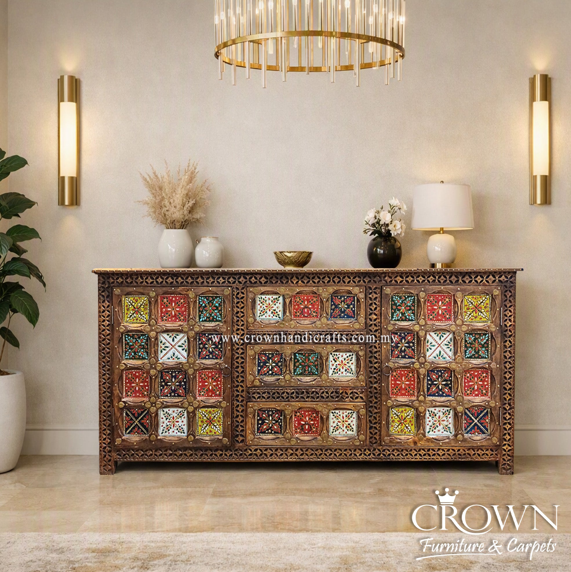 Decorative Solid Wood Sideboard Cabinet | Boho Hand-Painted Diamond Artwork with Brass Accents & Spacious Storage | CAB 156 (L72 W16.5 H36 inches)