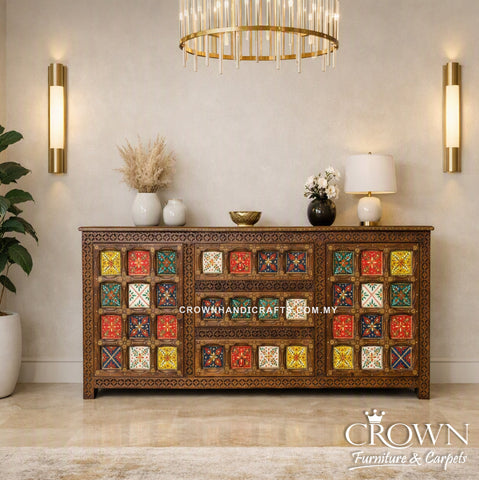 Decorative Solid Wood Sideboard Cabinet | Boho Hand-Painted Diamond Artwork with Brass Accents & Spacious Storage | CAB 156