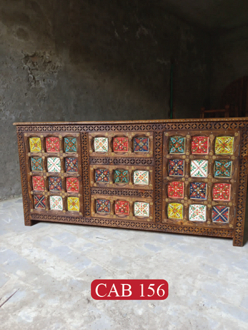 Decorative Solid Wood Sideboard Cabinet | Boho Hand-Painted Diamond Artwork with Brass Accents & Spacious Storage | CAB 156