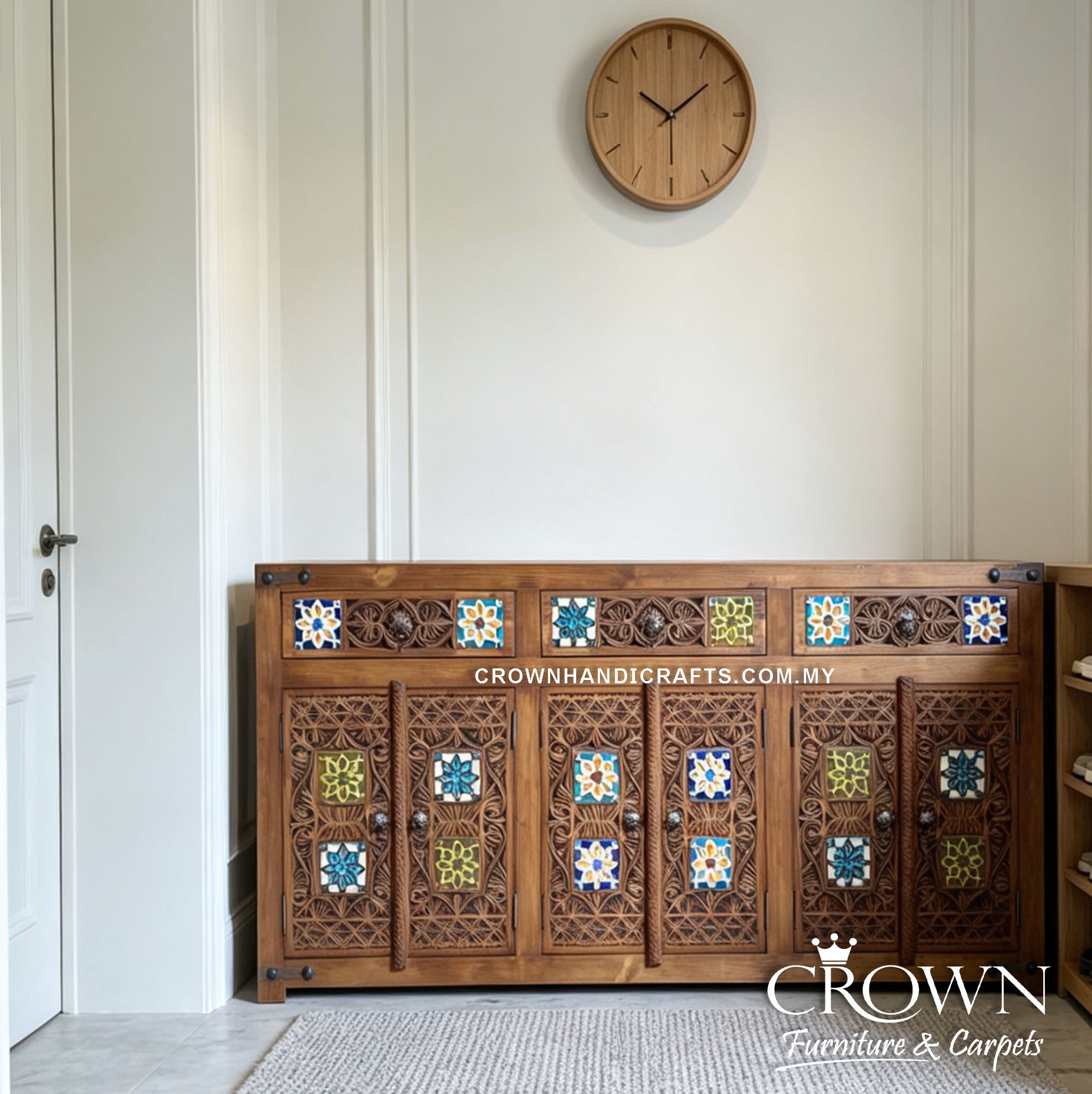 Bohemian Solid Wood Sideboard Cabinet | Hand-Painted Moroccan Pattern with 6 Doors, 3 Drawers | CAB 157