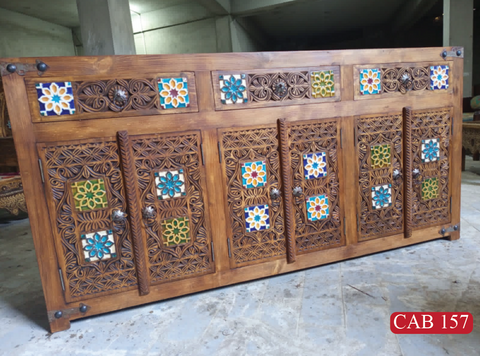 ohemian Solid Wood Sideboard Cabinet | Hand-Painted Diamond Pattern with 6 Doors, 3 Drawers | CAB 157