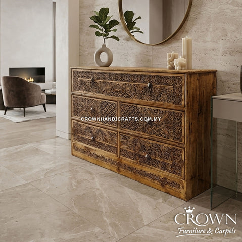 Antique Style Indian Wooden Chest Cabinet with 5 Drawers | Intricate Carved Round Orbit Design for Timeless Home Decor | CAB 158