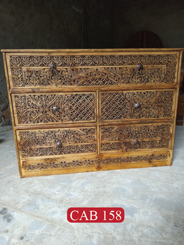 Antique Style Indian Wooden Chest Cabinet with 5 Drawers | Intricate Carved Round Orbit Design for Timeless Home Decor | CAB 158