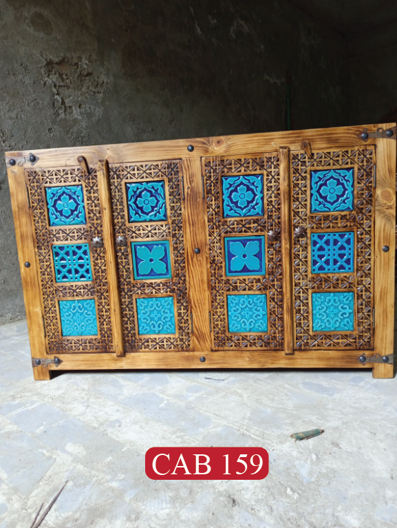 Artisan Moroccan Style Solid Wood Cabinet with Bold Blue Finish | Decorative 4 Door Accent Cabinet | CAB 159