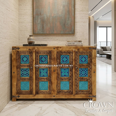 Artisan Moroccan Style Solid Wood Cabinet with Bold Blue Finish | Decorative 4 Door Accent Cabinet | CAB 159