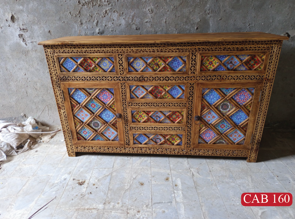 Premium Handcrafted Solid Teak Sideboard Cabinet | Unique Bohemian Buffet Furniture with Artistic Painted Finish | CAB 160