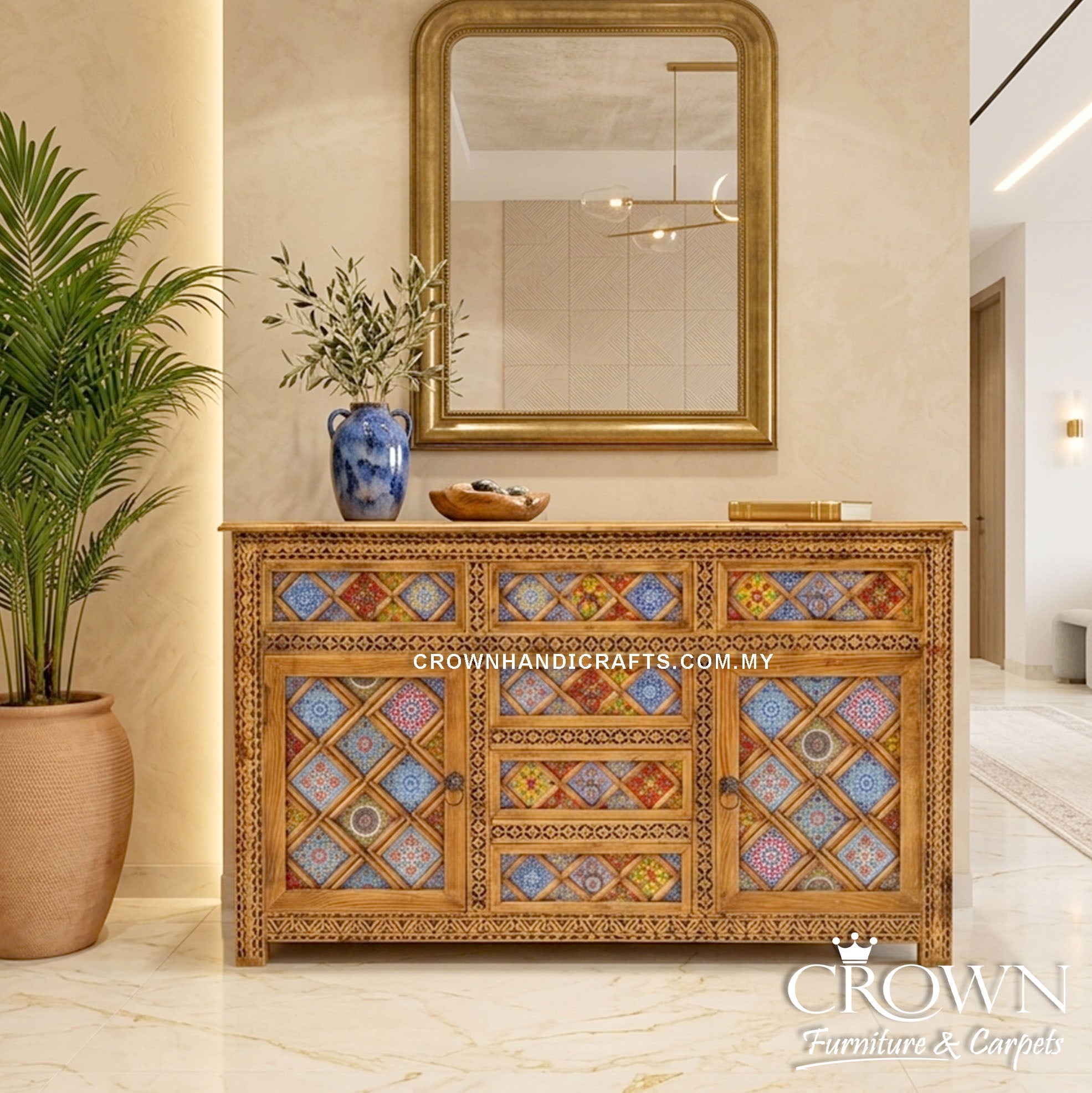 Premium Handcrafted Solid Teak Sideboard Cabinet | Unique Bohemian Buffet Furniture with Artistic Painted Finish | CAB 160