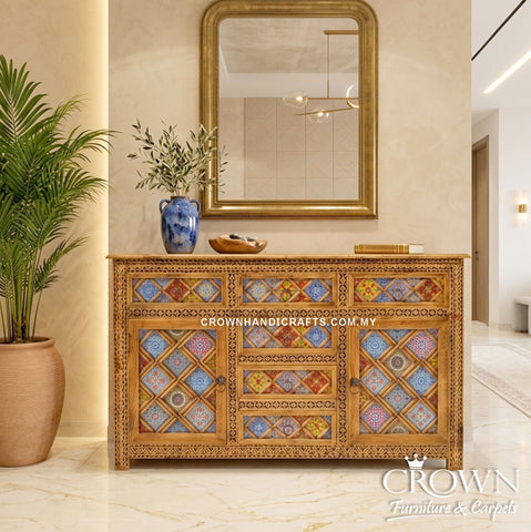 Premium Handcrafted Solid Teak Sideboard Cabinet | Unique Bohemian Buffet Furniture with Artistic Painted Finish | CAB 160