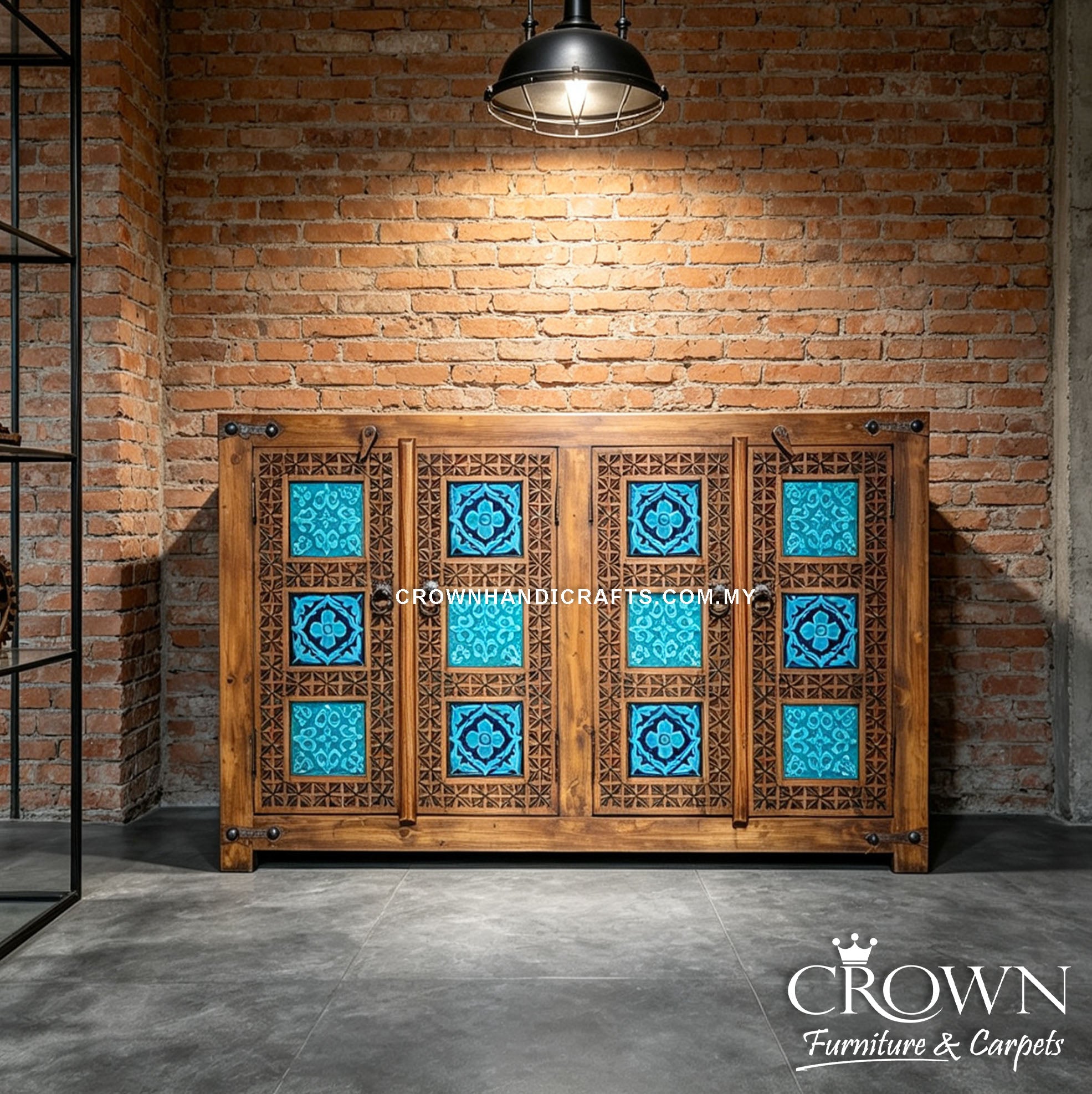 Moroccan Blue Statement Cabinet in Solid Wood | Handcrafted Heritage Storage Furniture with 4 Doors | CAB 161