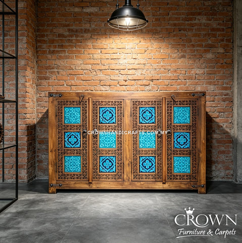 Moroccan Blue Statement Cabinet in Solid Wood | Handcrafted Heritage Storage Furniture with 4 Doors | CAB 161
