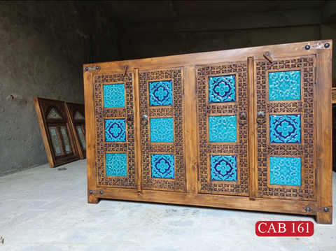 Moroccan Blue Statement Cabinet in Solid Wood | Handcrafted Heritage Storage Furniture with 4 Doors | CAB 161