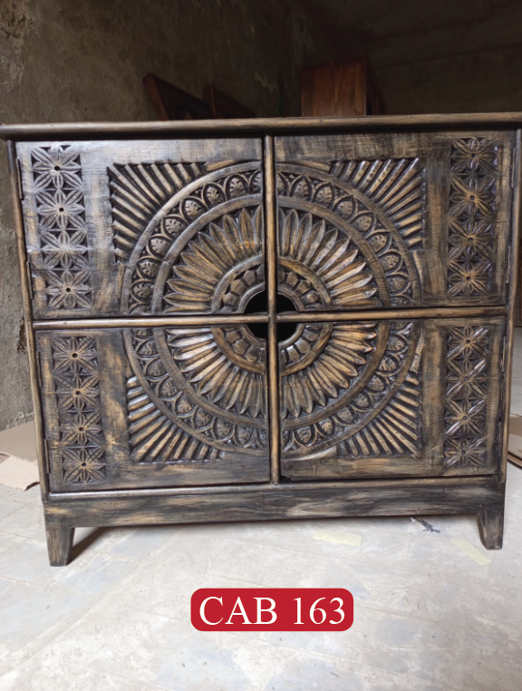 Handcrafted Solid Charred Wood Cabinet | Artistic Carved Round Medallion 4 Door Antique Fusion Furniture | CAB 163
