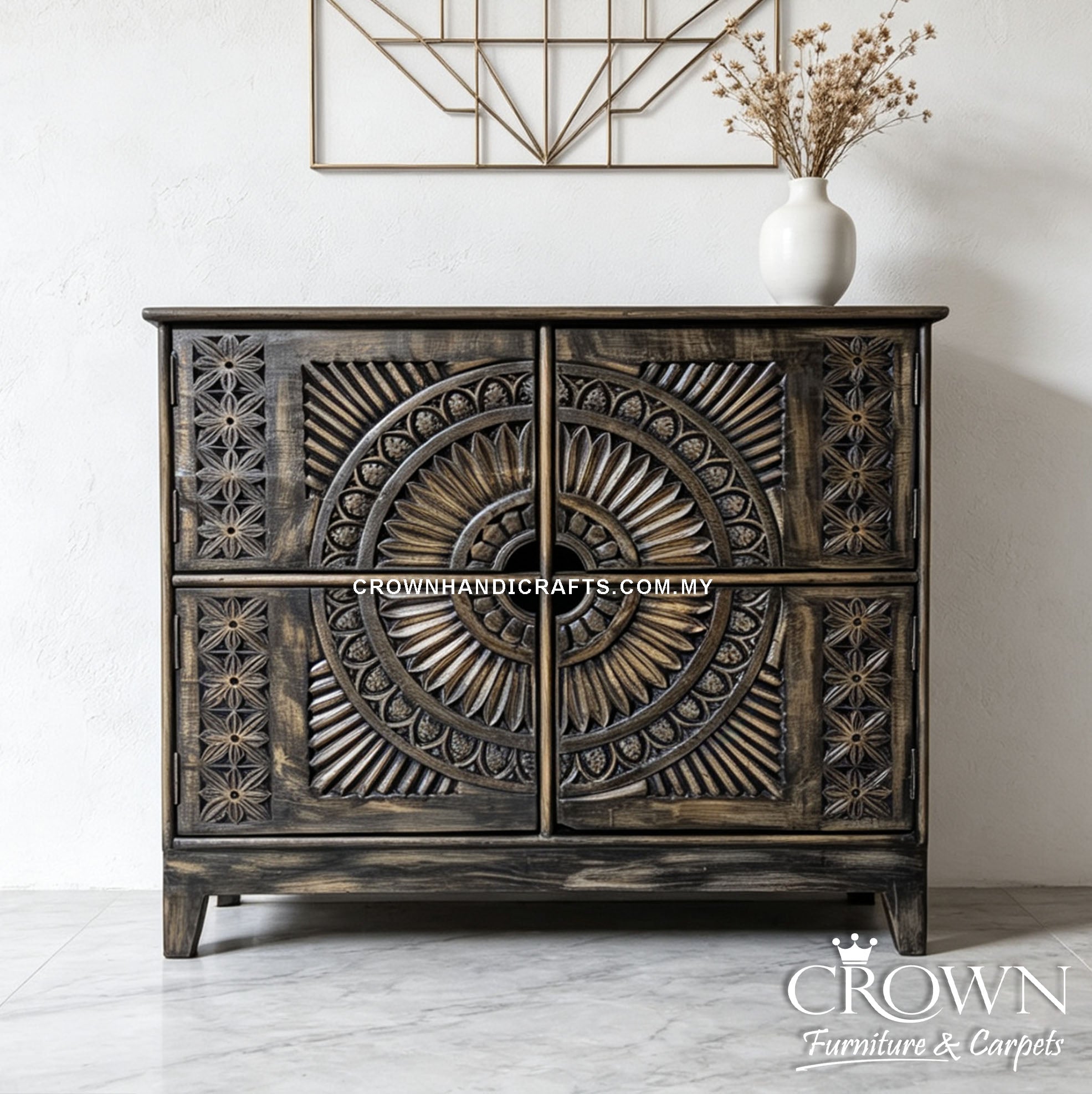 Handcrafted Solid Charred Wood Cabinet | Artistic Carved Round Medallion 4 Door Antique Fusion Furniture | CAB 163