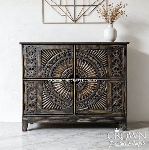 Handcrafted Solid Charred Wood Cabinet | Artistic Carved Round Medallion 4 Door Antique Fusion Furniture | CAB 163
