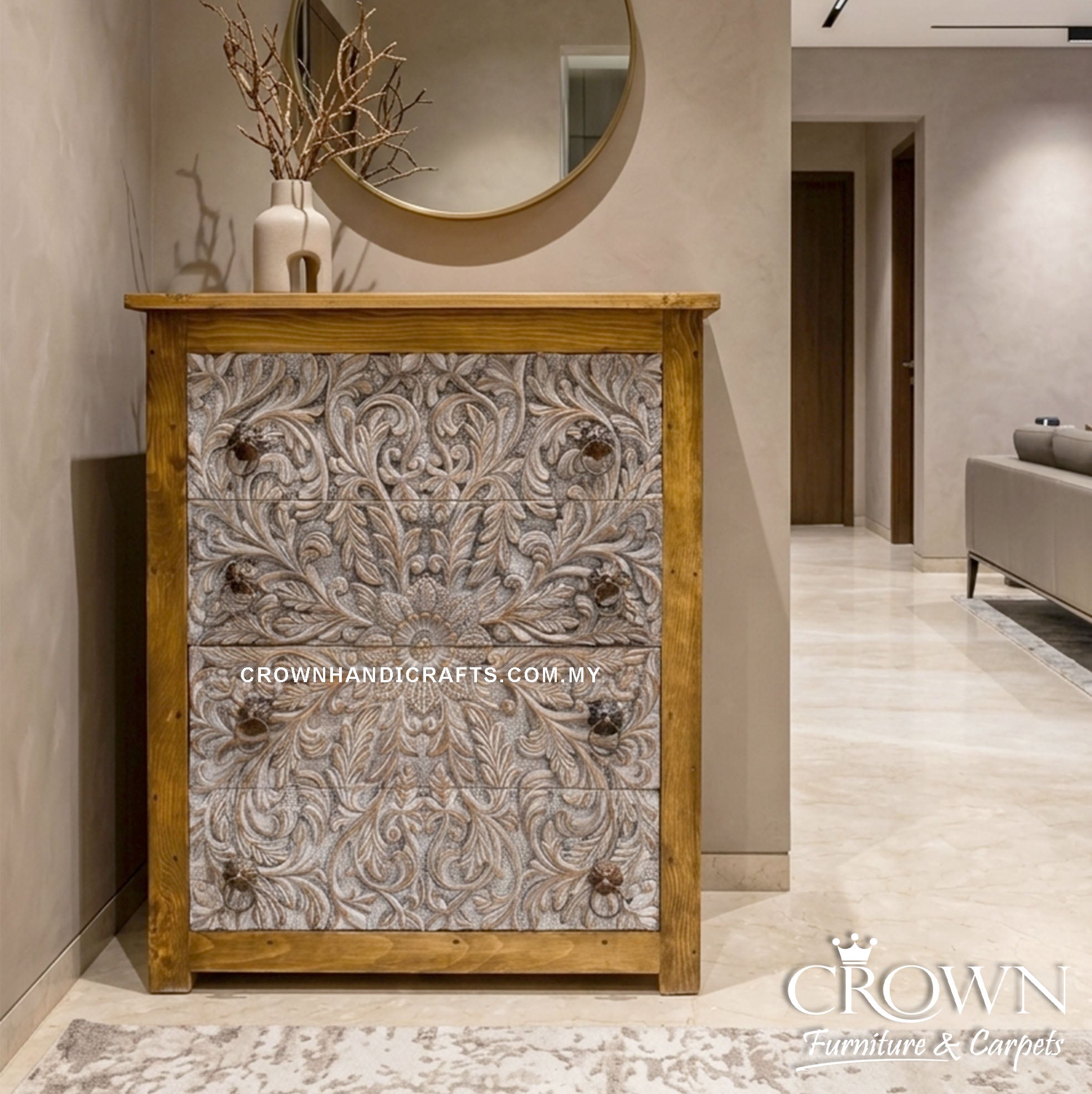 Artisan Crafted Whitewash Chest of Drawers | Solid Wood Storage Cabinet with 4 Spacious Drawers | CAB 164