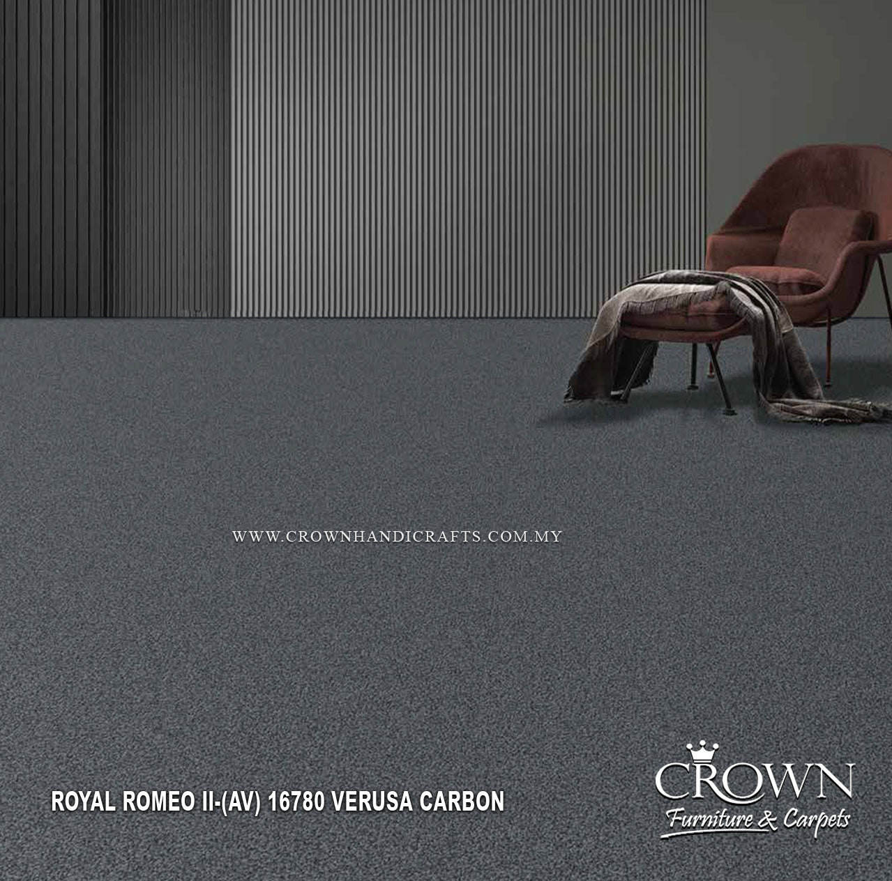 Wall-to-wall carpet, dark charcoal-gray speckled low-pile texture