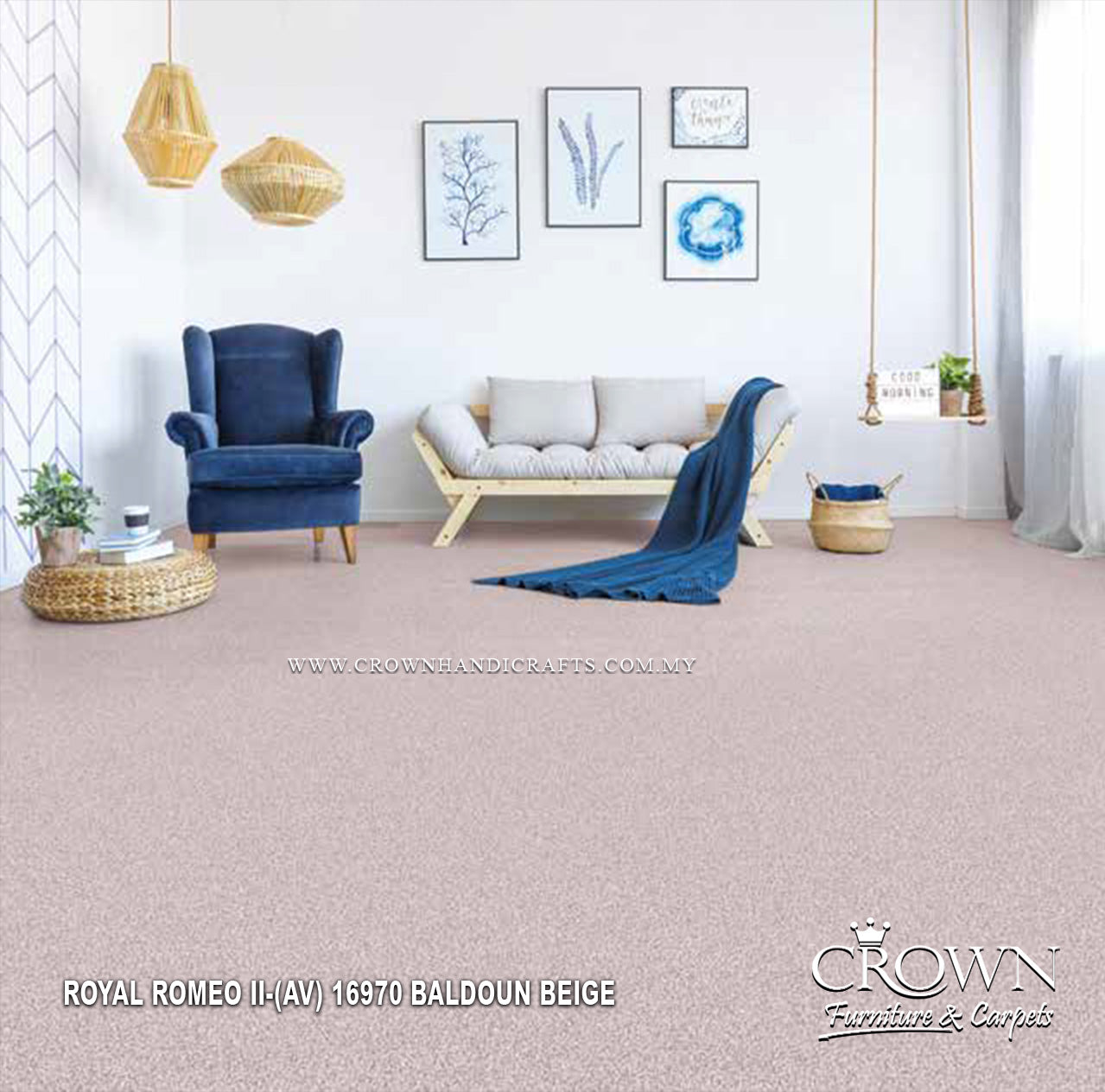 Wall-to-wall carpet, beige speckled low-pile texture