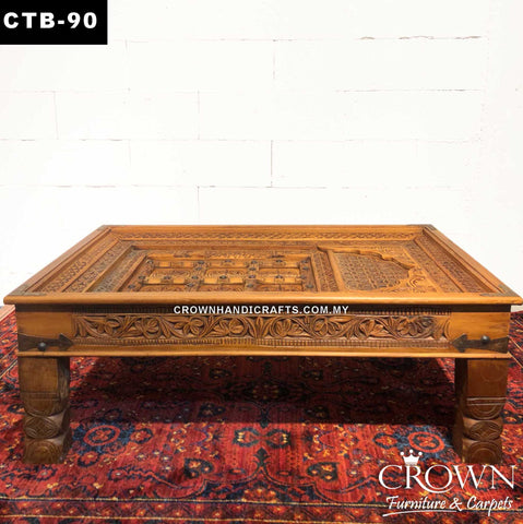 Coffee Table Solid Wood, Moghul Palace Door Antique Style, Hand Carved along with Accent of Metal Ornaments | CTB-90 (L48 W32 H18 Inches)