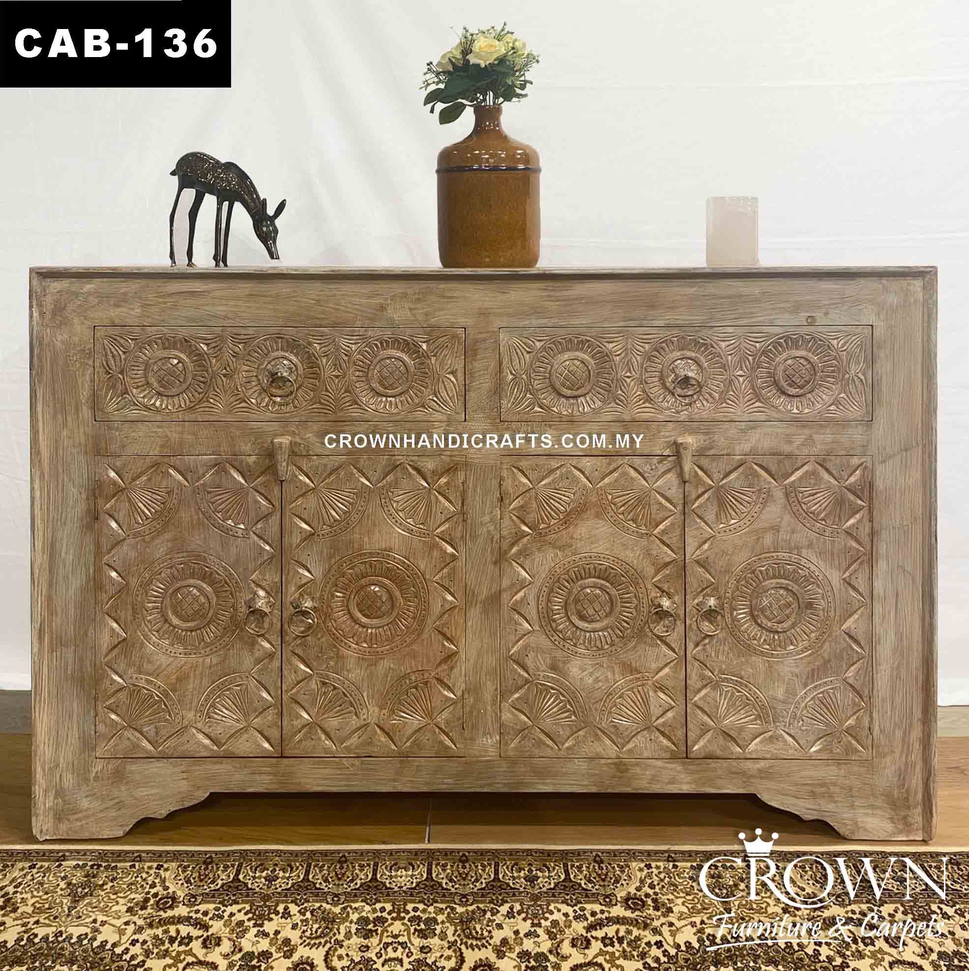 Amazing Limewash Indian Cabinet For Living Room Antique Style | Solid Wood Teak Shop in Kuala Lumpur Malaysia | CAB-136 (L54 W18 H35.5 Inches)