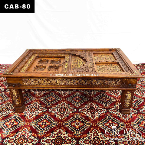 Solid Wood Coffee Table Antique Moghul Palace Door Style, Featured with Hand Carving, Brass and Metal Ornaments | CTB-80 (L48.5 W31 H18 Inches)