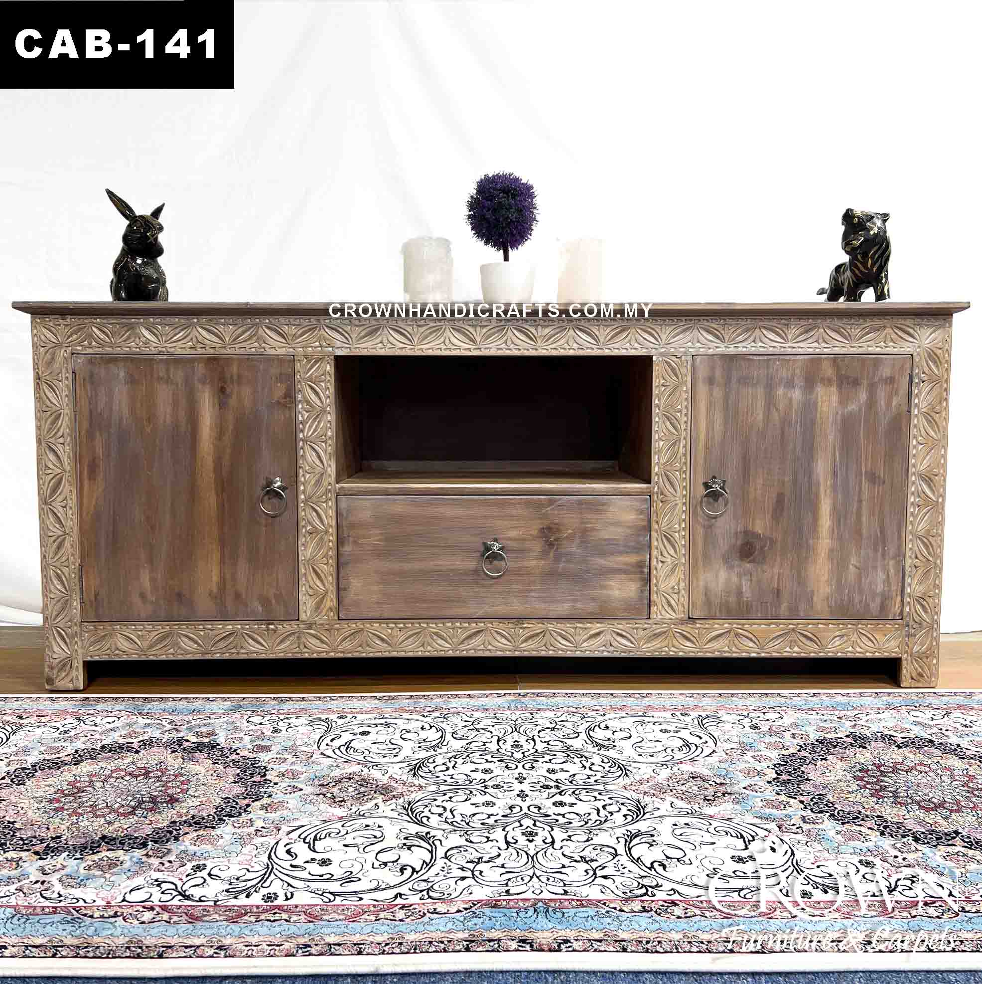 Vintage Whitewash Cabinet to Beautify your Living Room | Solid Wood Furniture in KL | CAB-141 (L60 W16 H25 Inches)