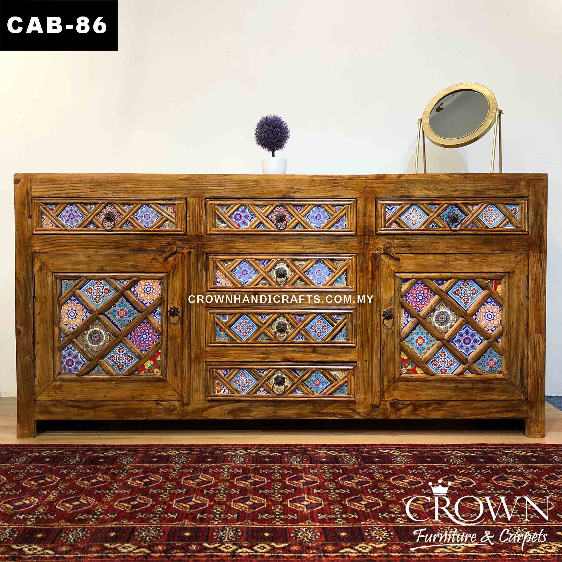 Antique Cabinet Boho Accent Diamond Shape Hand-Painted by Artisans | Solid Wood Furniture Store in Malaysia | CAB-86 (L72 W18 H36 Inches)