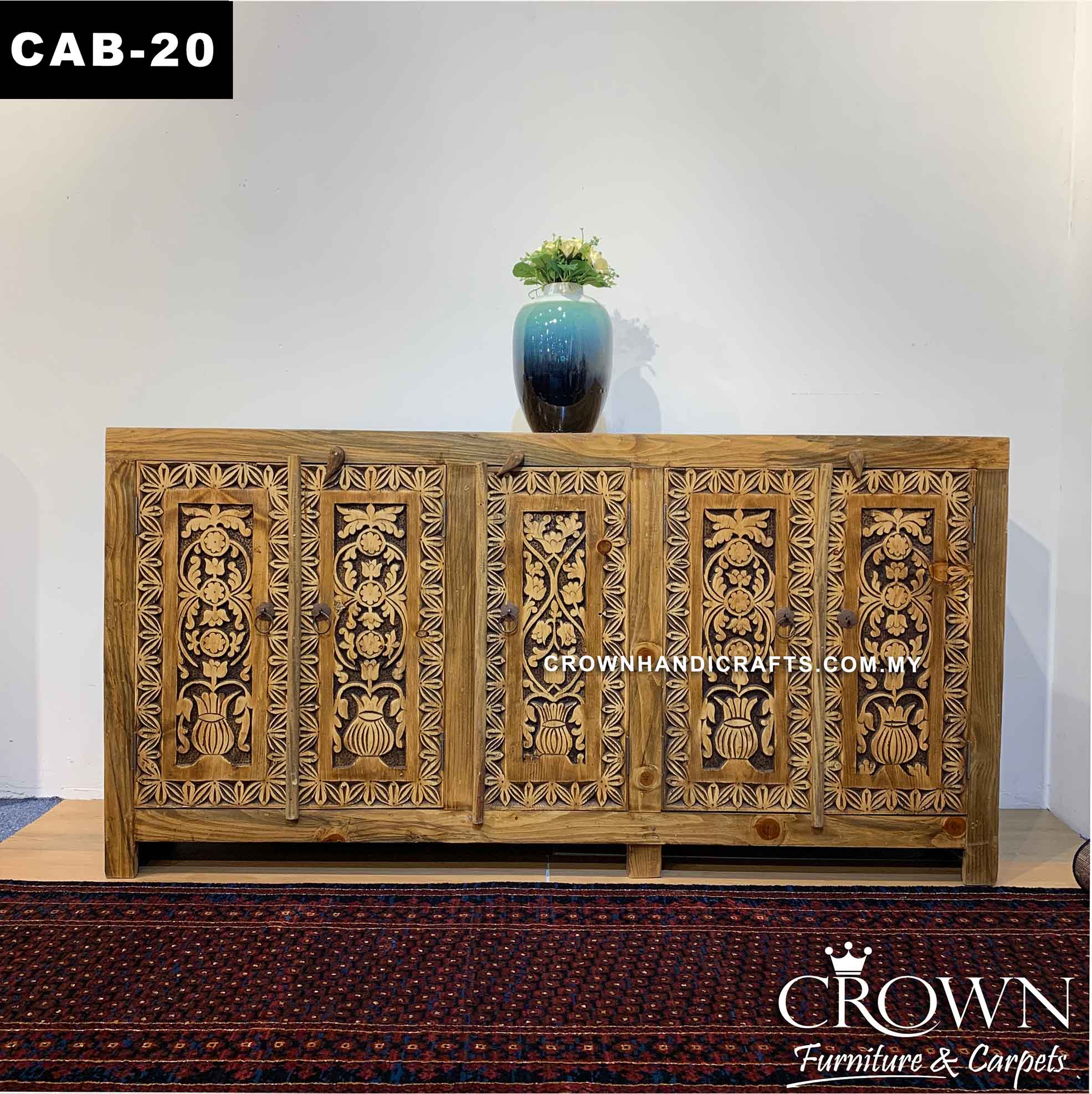 Sideboard Cabinet Solid Wood Hand Carved Living Room Furniture Penang Vintage Style Credenza in Kuala Lumpur Malaysia | CAB-20 (L72 W17 H36 Inches)