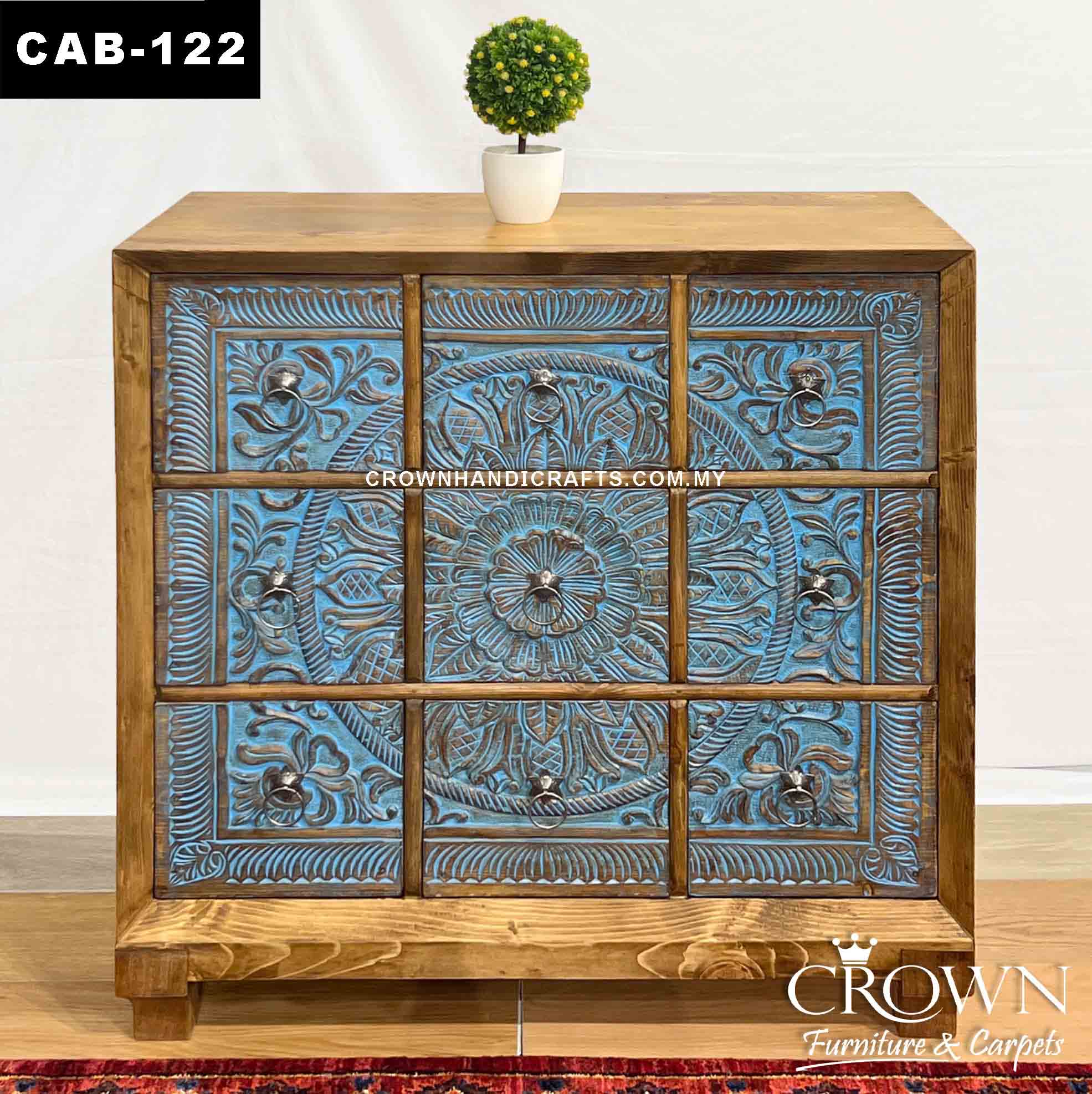 Distressed Blue Cabinet Hand Carved Round Orbit along 9 Drawers Solid Wood Antique Furniture in Malaysia | CAB-122 (L36 W15.5 H36 Inches)