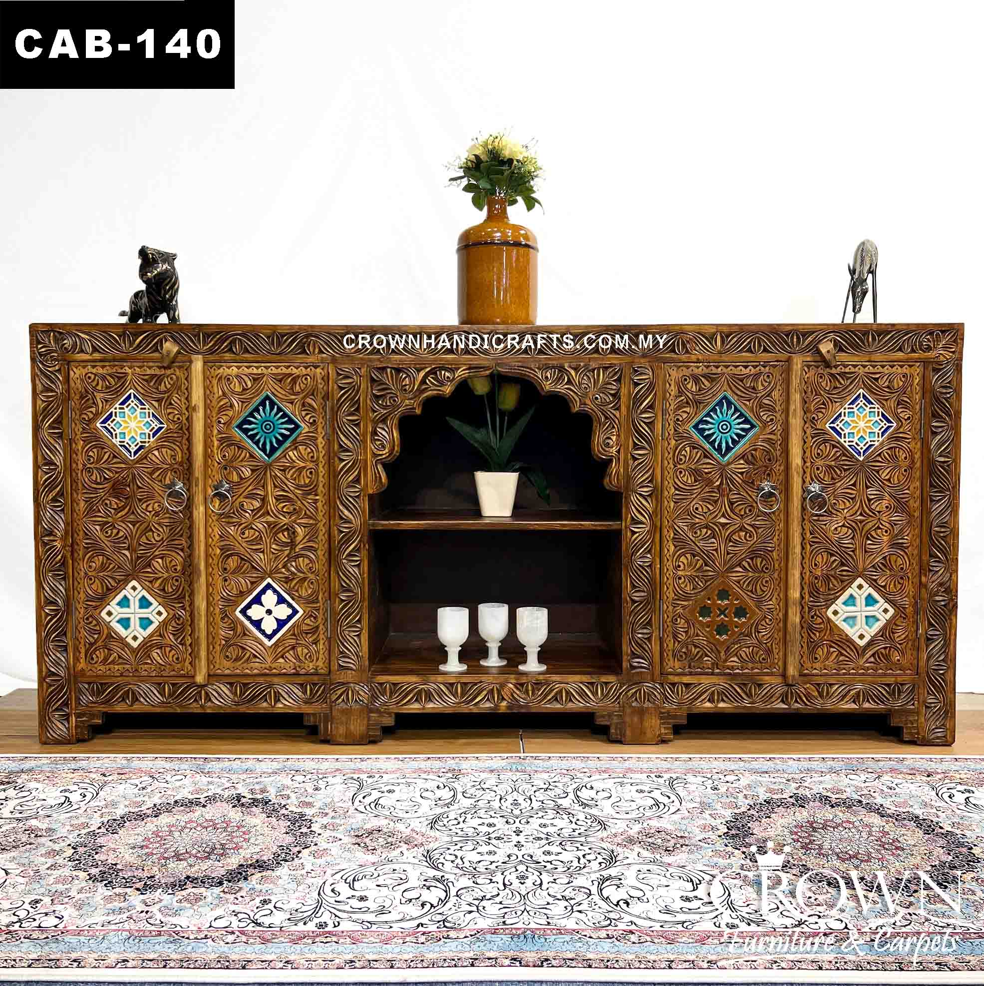 Display Cabinet Antique Style Hand Carved Indian Fusion with Moroccan Accent | Enhance your Home Interior | Solid Wood Furniture Malaysia | CAB-140 (L72 W17.2 H33 Inches)