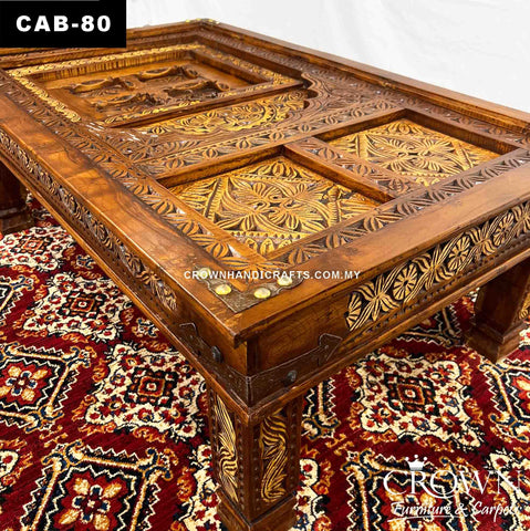 Solid Wood Coffee Table Antique Moghul Palace Door Style, Featured with Hand Carving, Brass and Metal Ornaments | CTB-80 (L48.5 W31 H18 Inches)