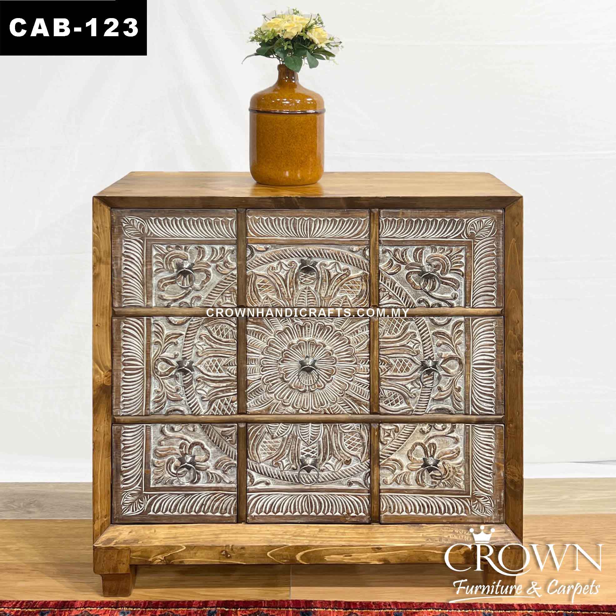 Timeless Whitewash Cabinet 9 Drawers Hand Carved  Round Orbit Floral Buff Rustic Style | CAB-123 (L36 W15.5 H36 Inches)