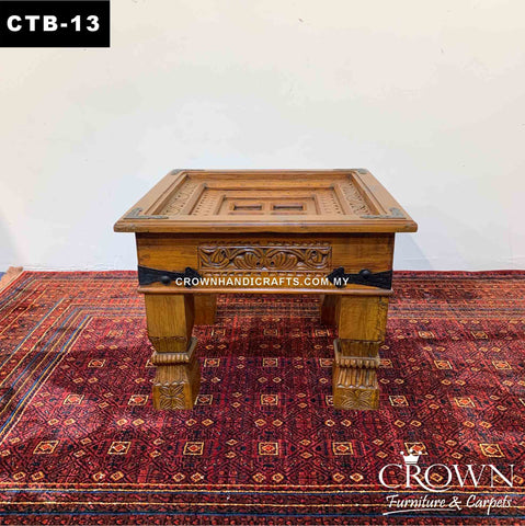 Side Table Antique Style, Hand Carved and Accent Metal Corners, Solid Wood Table | CTB-13 (L24 W24 H18 Inches)