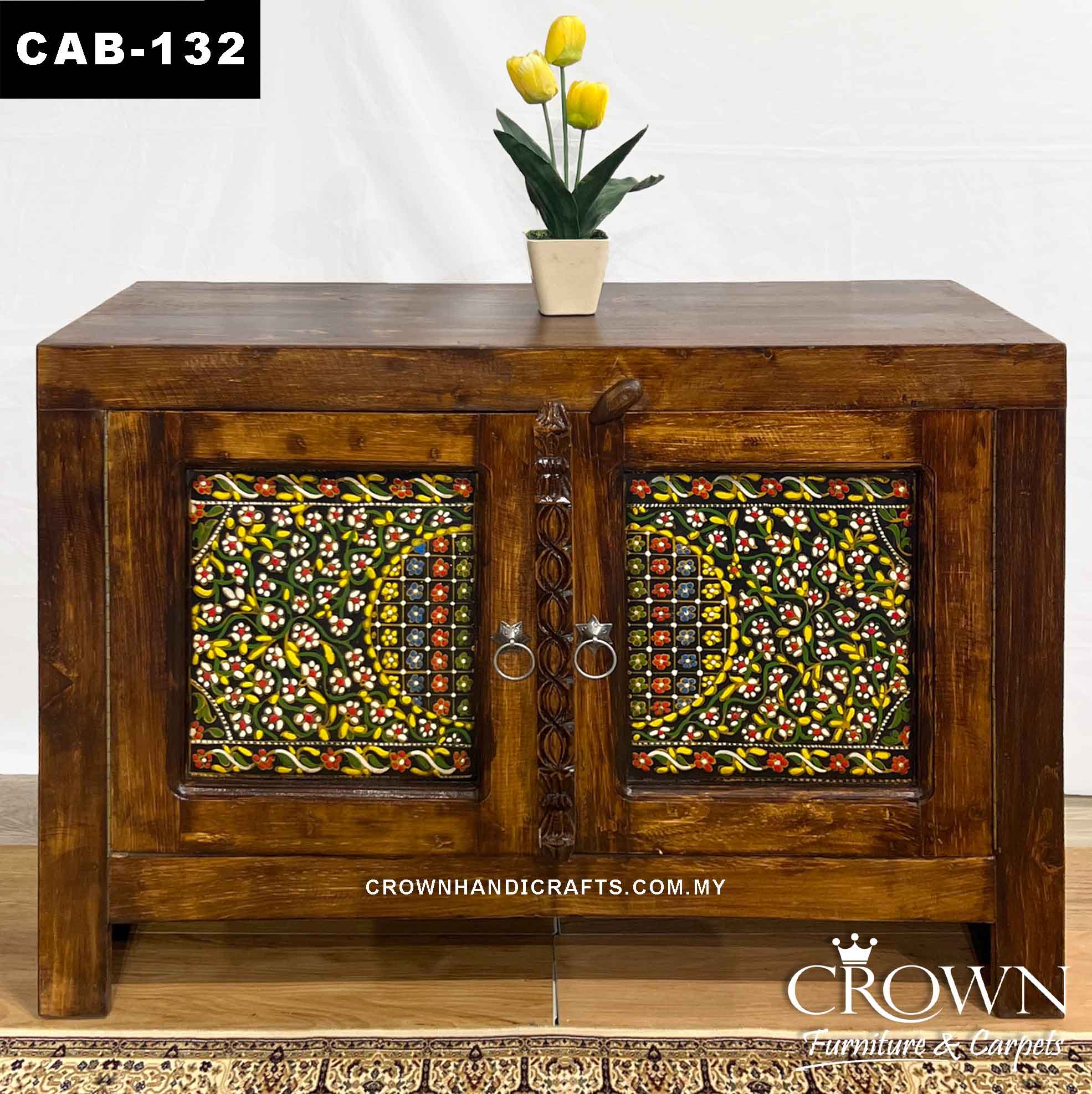 Indian Rajasthan Thar Style Hand-Painted Accent Cabinet Solid Wood with 2 Doors | Ideal for Living Room Entrance Furniture | CAB-132 (L42 W16.5 H30 Inches)