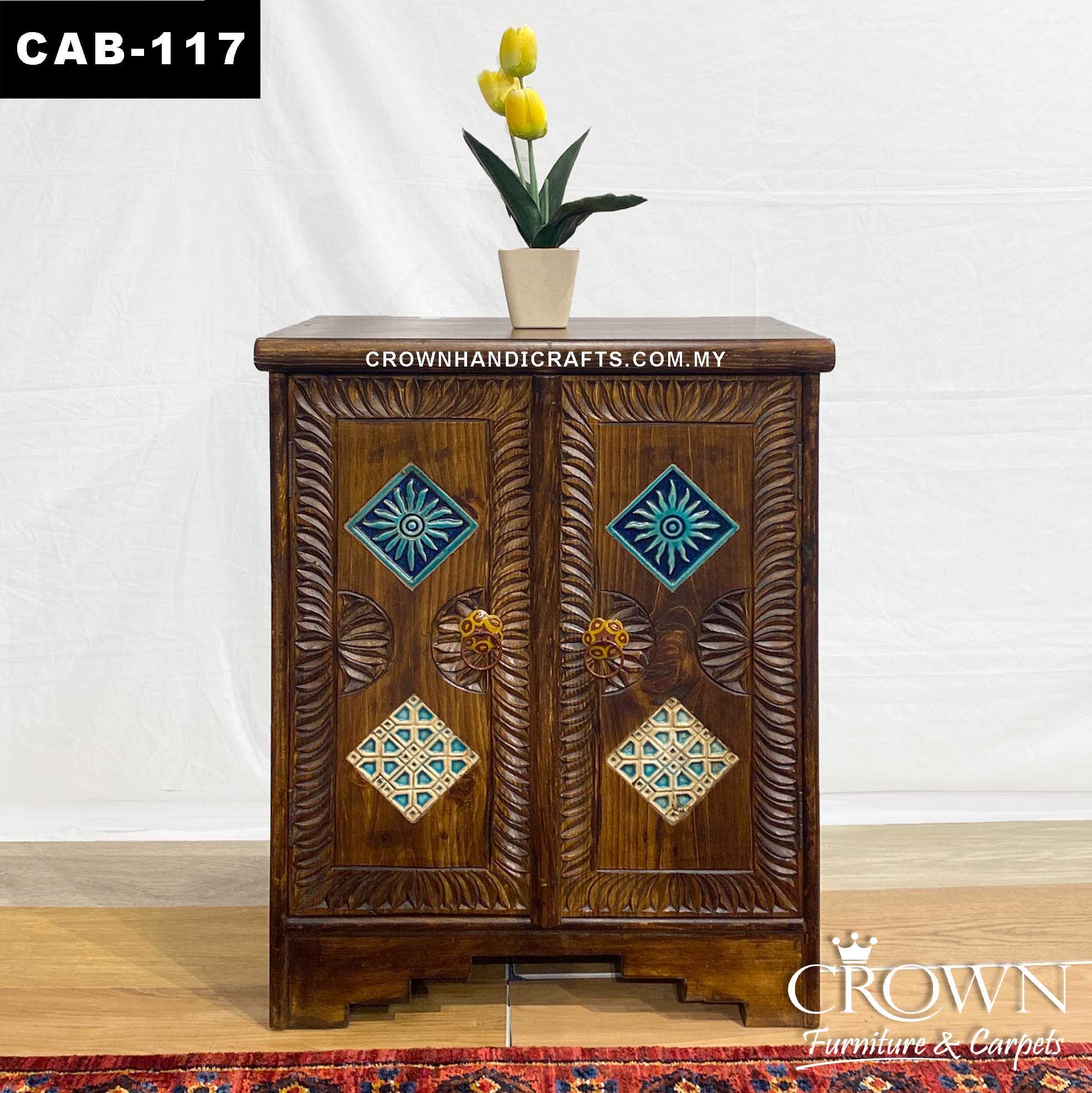 Moroccan Accent Solid Wood Cabinet with 2 Door Hand Carved Furniture Shop in Malaysia | CAB-117 (L24 W15.8 H30 Inches)