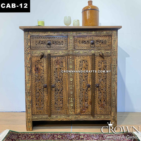 Solid Wood Antique Style Cabinet with 2 Doors 2 Drawers Brass Accents, Ideal Living Room Furniture Teak Cabinet in Kuala Lumpur | CAB-12 (L37 W17 H40 Inches)