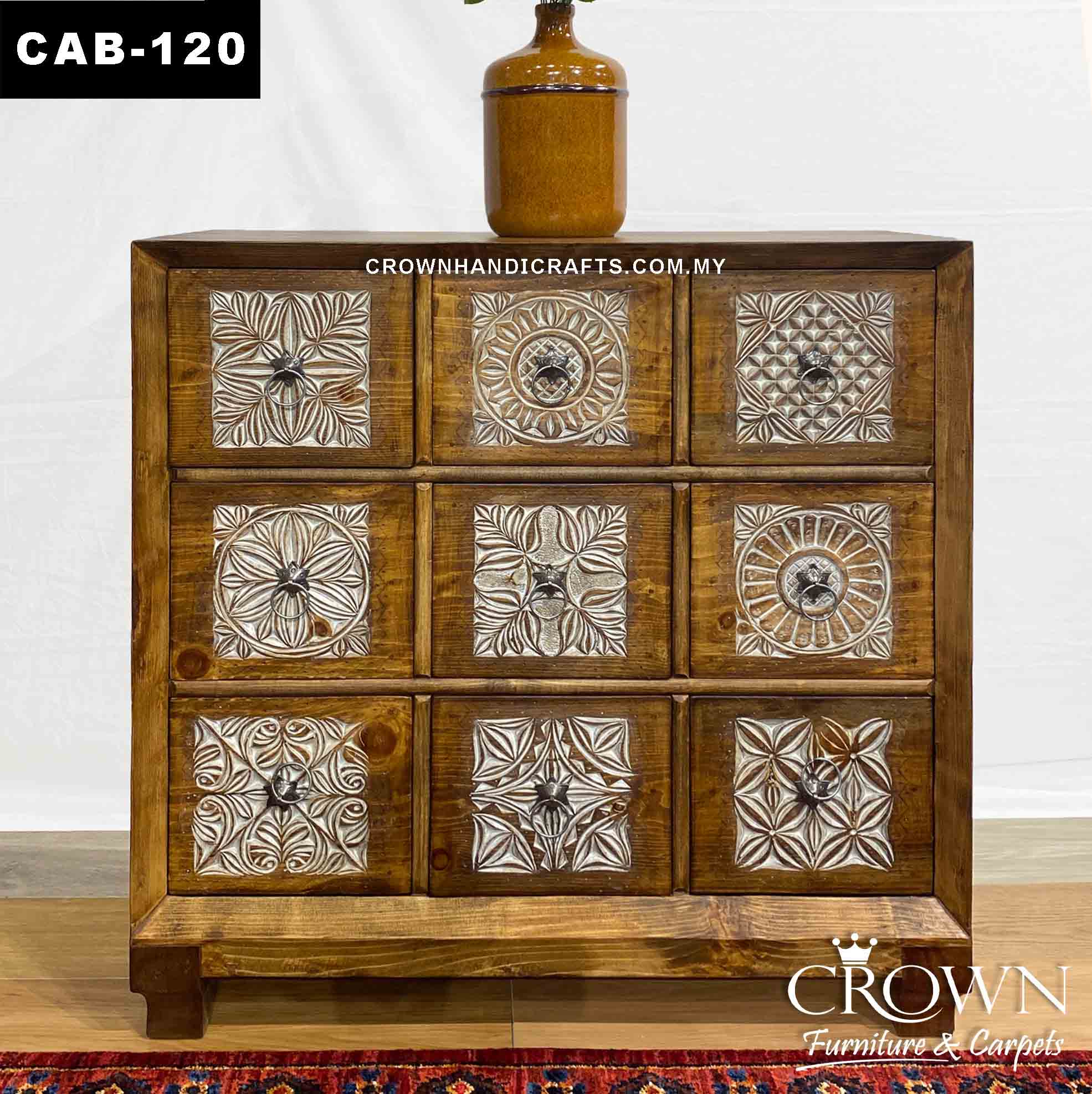 Modernize your Home Decor with Stunning Cabinet Whitewash Hand Carved 9 Drawers | Solid Wood Antique Style Furniture in Kuala Lumpur | CAB-120 (L36 W15.5 H36 Inches)