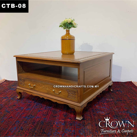 Square Coffee Table Double Top along with Drawer openable both sides, Ecletic Style Hand Carving and Brass Inlay, Solid Wood Coffee Table | CTB-08 (L36 W36 H22 Inches)