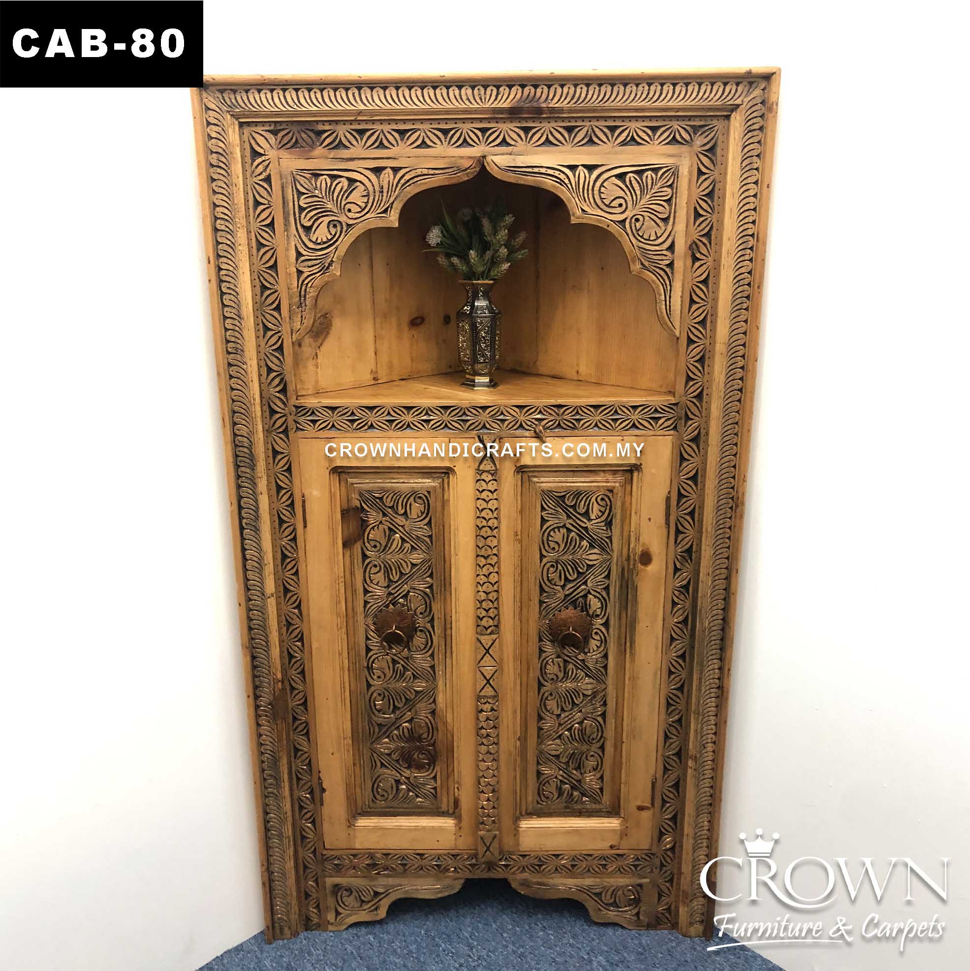 Corner Display Cabinet, Triangle Back to Display at 90 degree Wall, Solid Wood Antique Style Furniture in Malaysia | CAB-80 (L17.5 W34.5 H62 Inches)