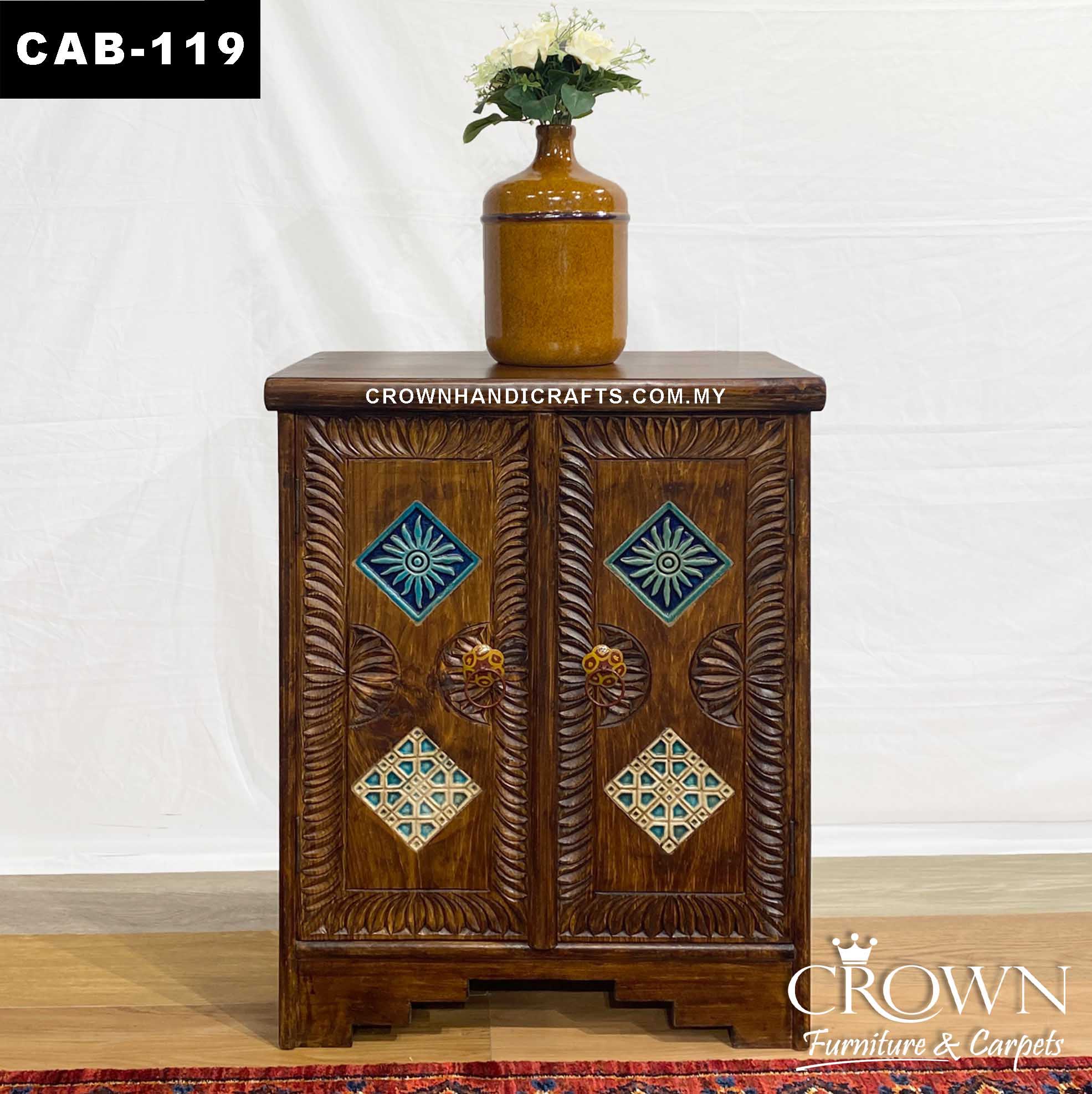 Moroccan Accent Solid Wood Cabinet with 2 Door Hand Carved Furniture Shop in Malaysia | CAB-119 (L24 W15.8 H30 Inches)