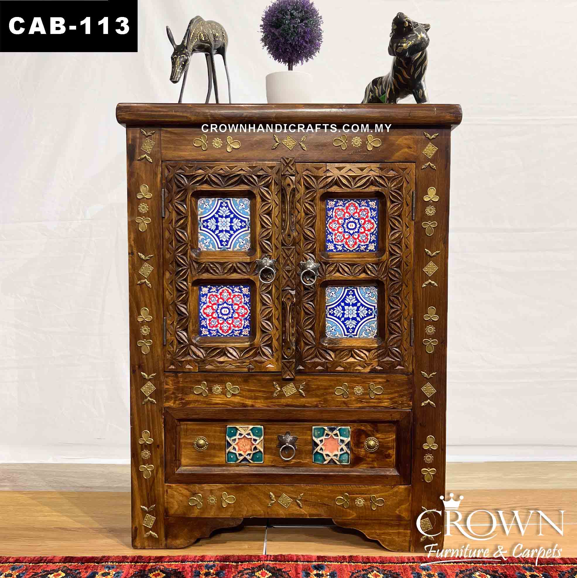 Stunning Hand-Painted Bohemian Cabinet with Brass Accent! Solid Wood Indian Furniture Antique Shop in Malaysia | CAB-113 (L24.5 W12.8 H33 Inches)