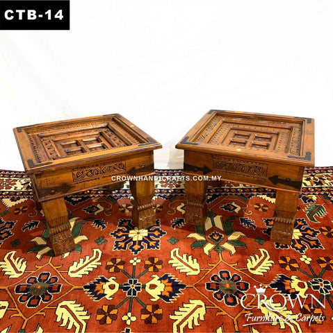 Side Table Antique Style, Hand Carved and Accent Metal Corners, Solid Wood Table | CTB-14 (L24 W24 H18 Inches)