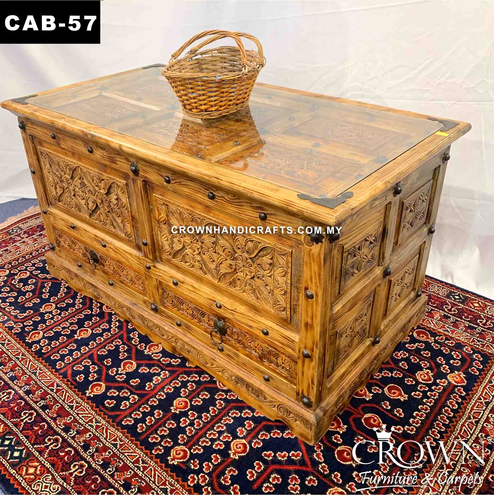 Treasure Trunk Chest Antique Style Pitara Box Hand Carved Two tone Accent with Metal Ornaments | CAB-57 (L50 W27 H27 Inches)