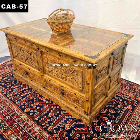 Treasure Trunk Chest Antique Style Pitara Box Hand Carved Two tone Accent with Metal Ornaments | CAB-57 (L50 W27 H27 Inches)