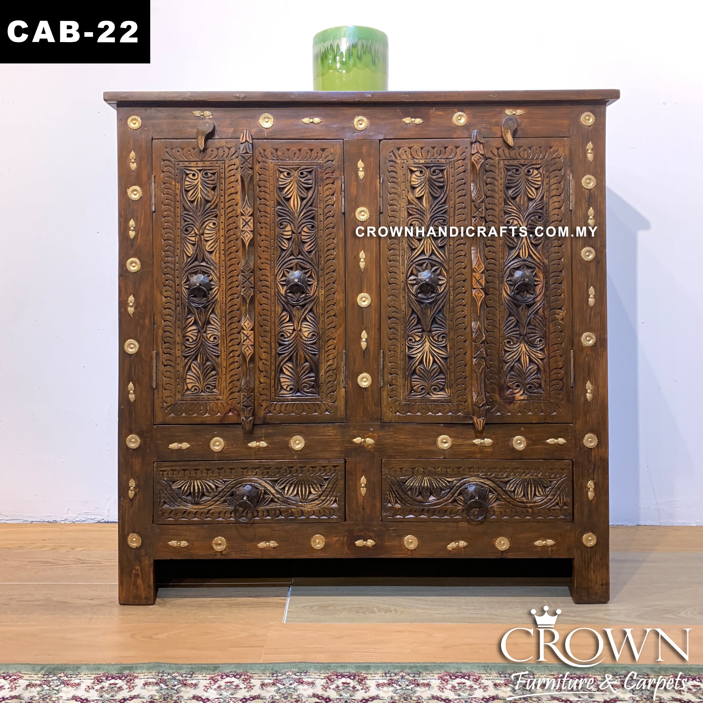 Solid Wood Antique Style Cabinet with 2 Doors 2 Drawers Brass Accents, Ideal Living Room Furniture Teak Cabinet in Kuala Lumpur | CAB-22 (L42 W18 H42 Inches)