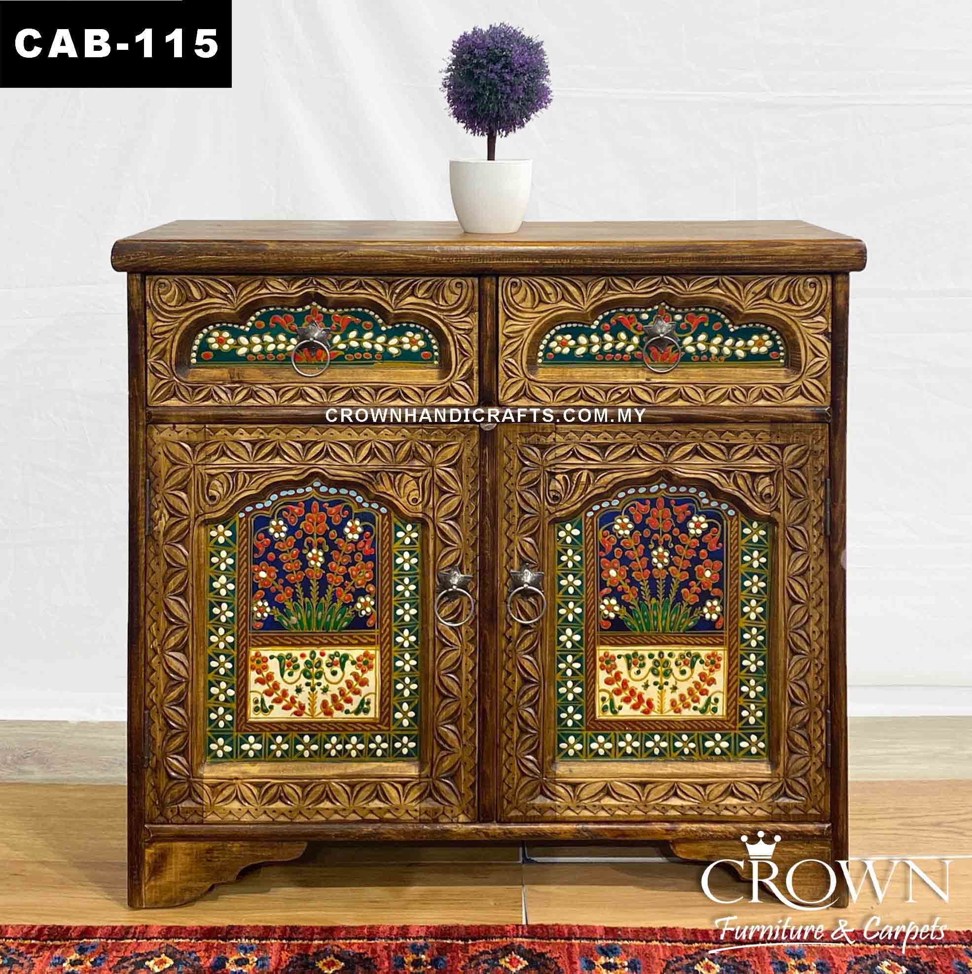 Rajasthan Style Hand-Painted Indian Cabinet For Living Room| Solid Wood Antique Furniture in Kuala Lumpur | CAB-115 (L32 W12 H30 Inches)